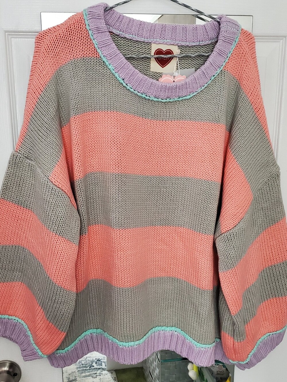 Oversized Chunky Striped Knit Sweater in Coral Pink and Gray